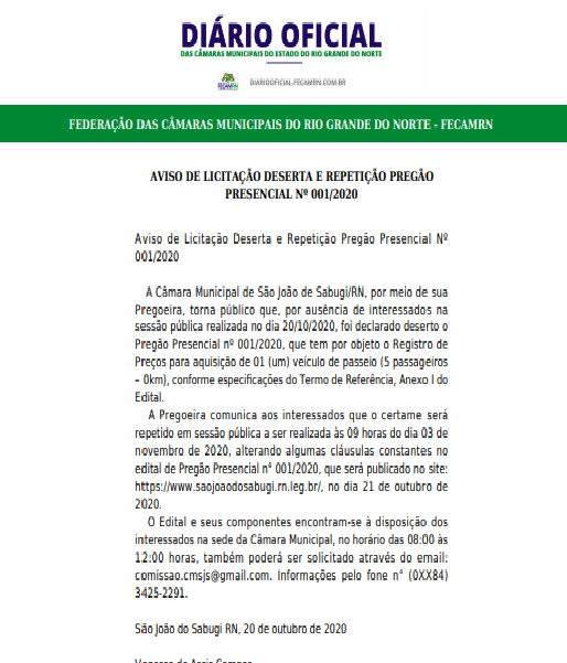 Aviso de Licitação Deserta e Remarcação - Pregão Presencial Nº 001/2020