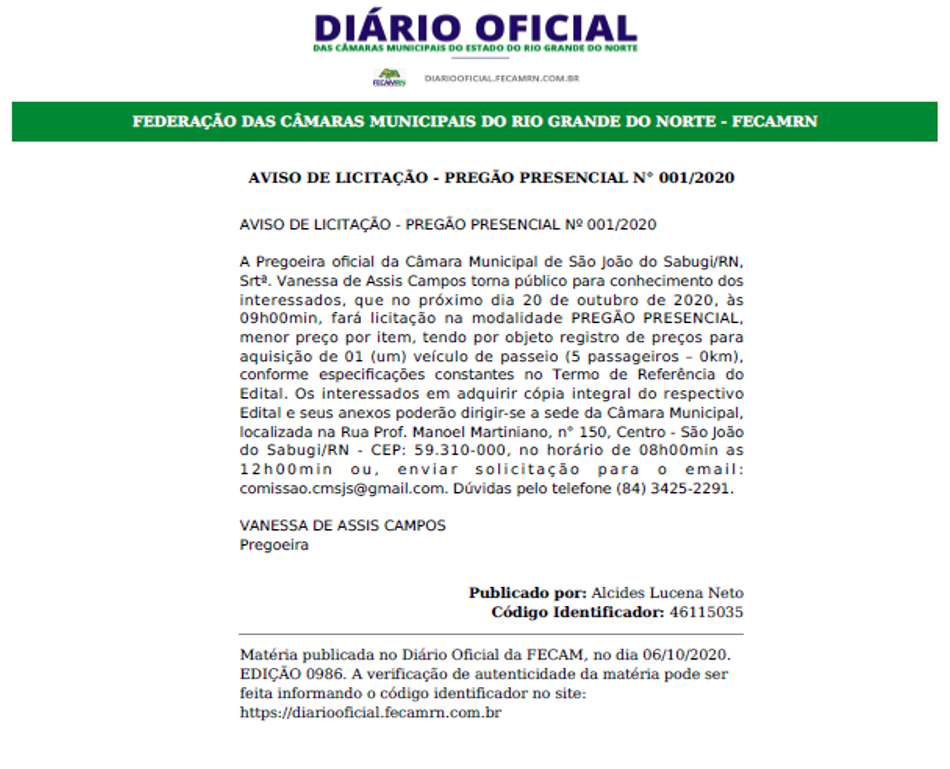 PREGÃO PRESENCIAL N° 001/2020