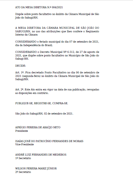 ATO DA MESA DIRETORA N.º 004/2021