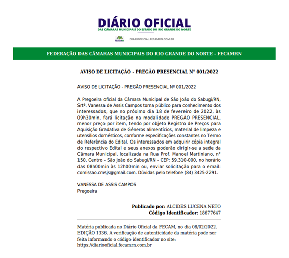 AVISO DE LICITAÇÃO